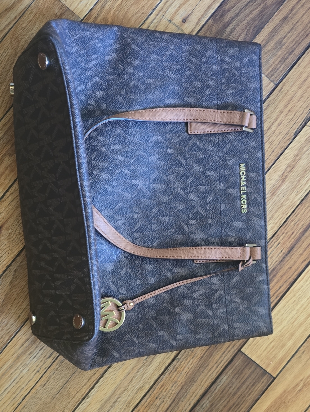 Michael Kors Brown Logo Tote with Tan Straps and Gold Hardware